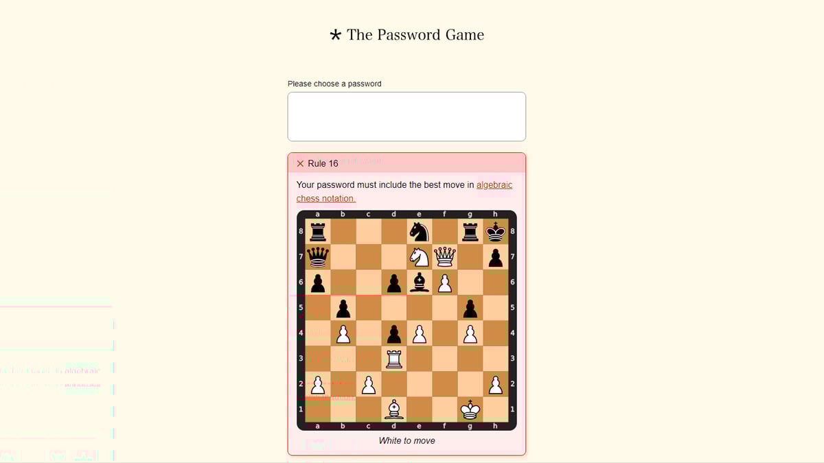 A screenshot of The Password Game in a web browser, with an empty text box and a chess puzzle below.